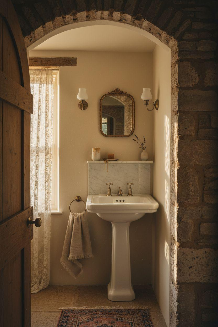 Small Toilet Room - vintage cottage style with limestone and lace curtain