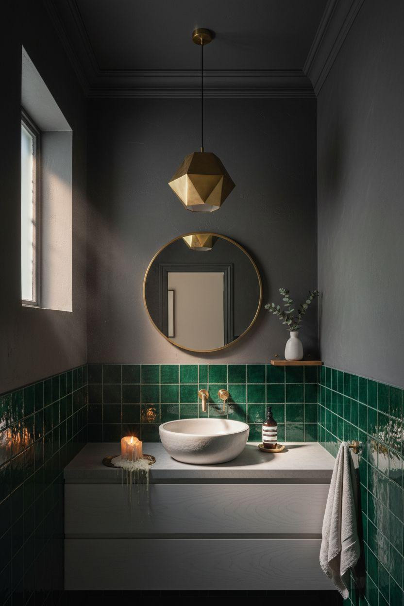 Small Toilet Room - emerald tile wainscoting with brass pendant light
