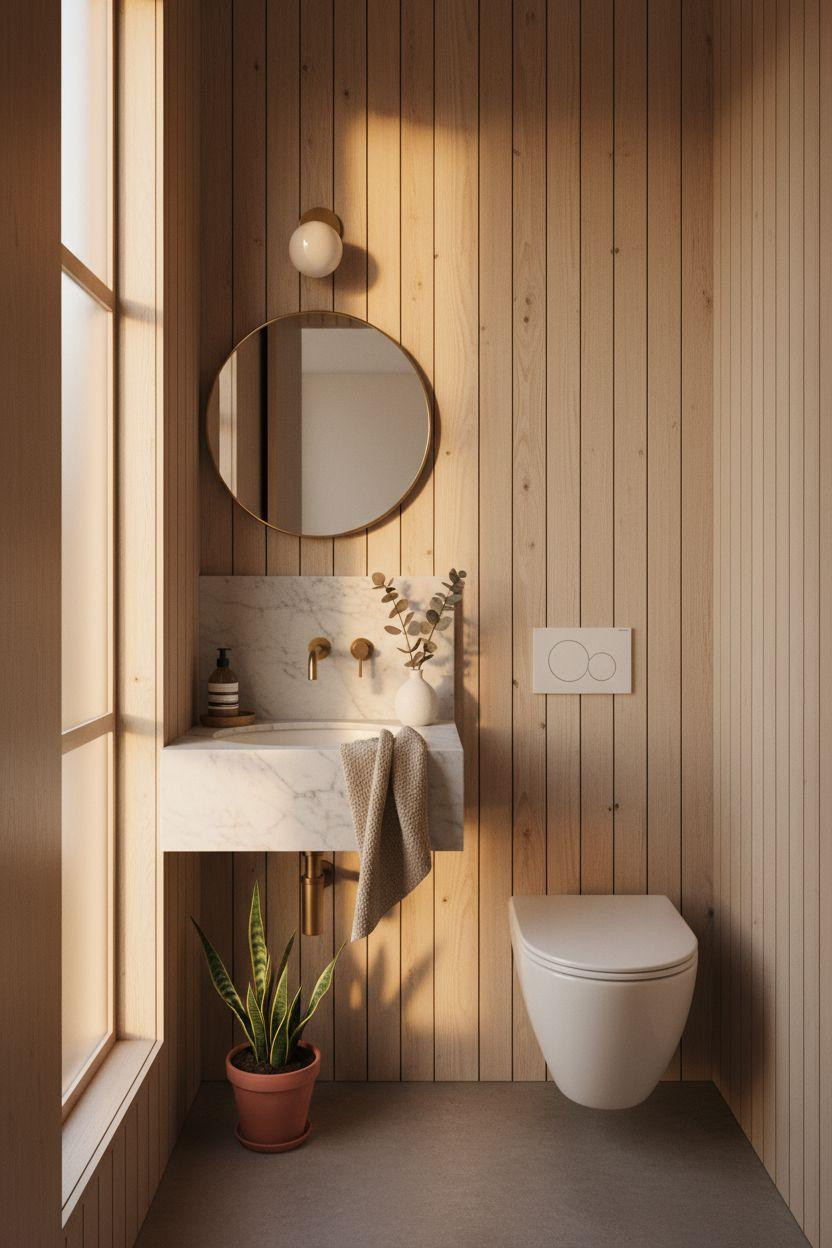 Small Toilet Room - white oak slat paneling with marble floating vanity