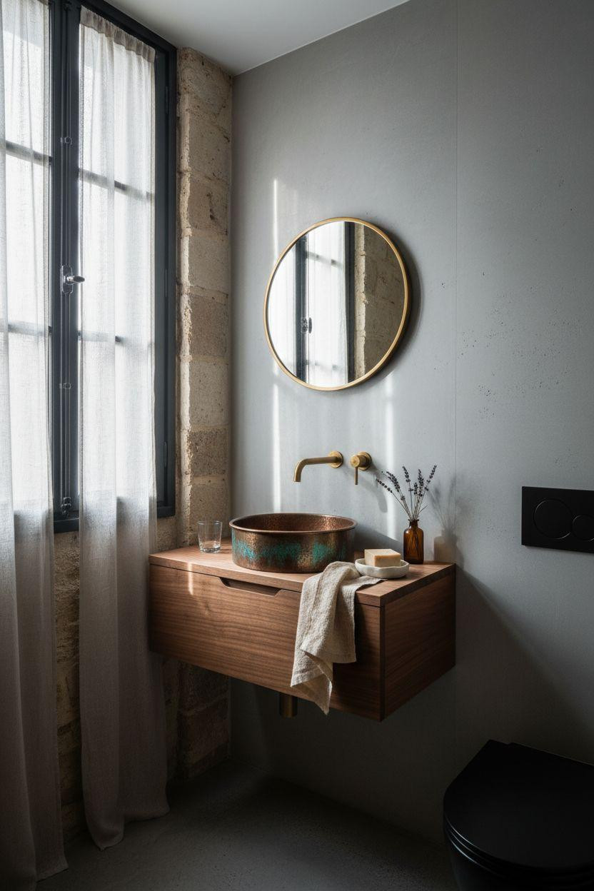 Small Toilet Room - limestone walls with hammered copper vessel sink