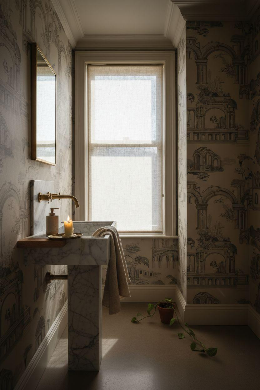 Small Toilet Room - charcoal wallpaper with marble pedestal sink