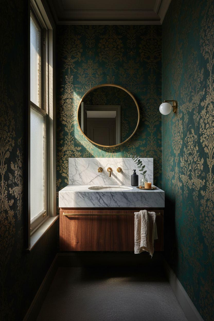 Small Toilet Room - dramatic Calacatta marble with emerald wallpaper
