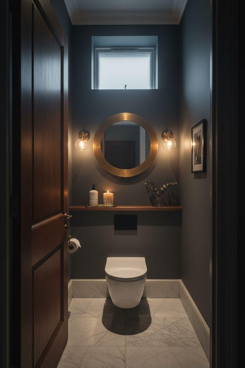 Small Toilet Room - charcoal walls with brass accents and candlelight