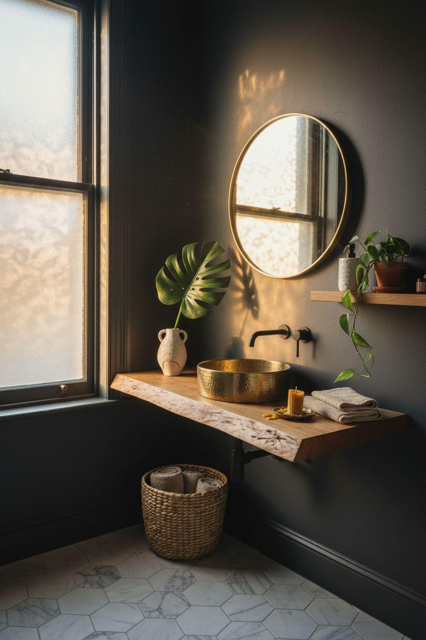 Small Toilet Room - charcoal walls with natural oak floating vanity