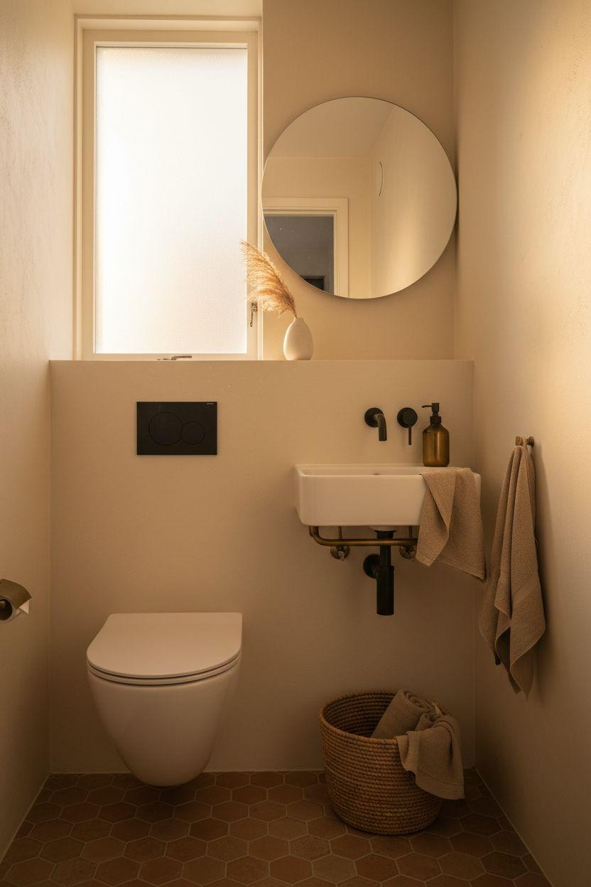 Small Toilet Room - ivory walls with brass fixtures and natural light
