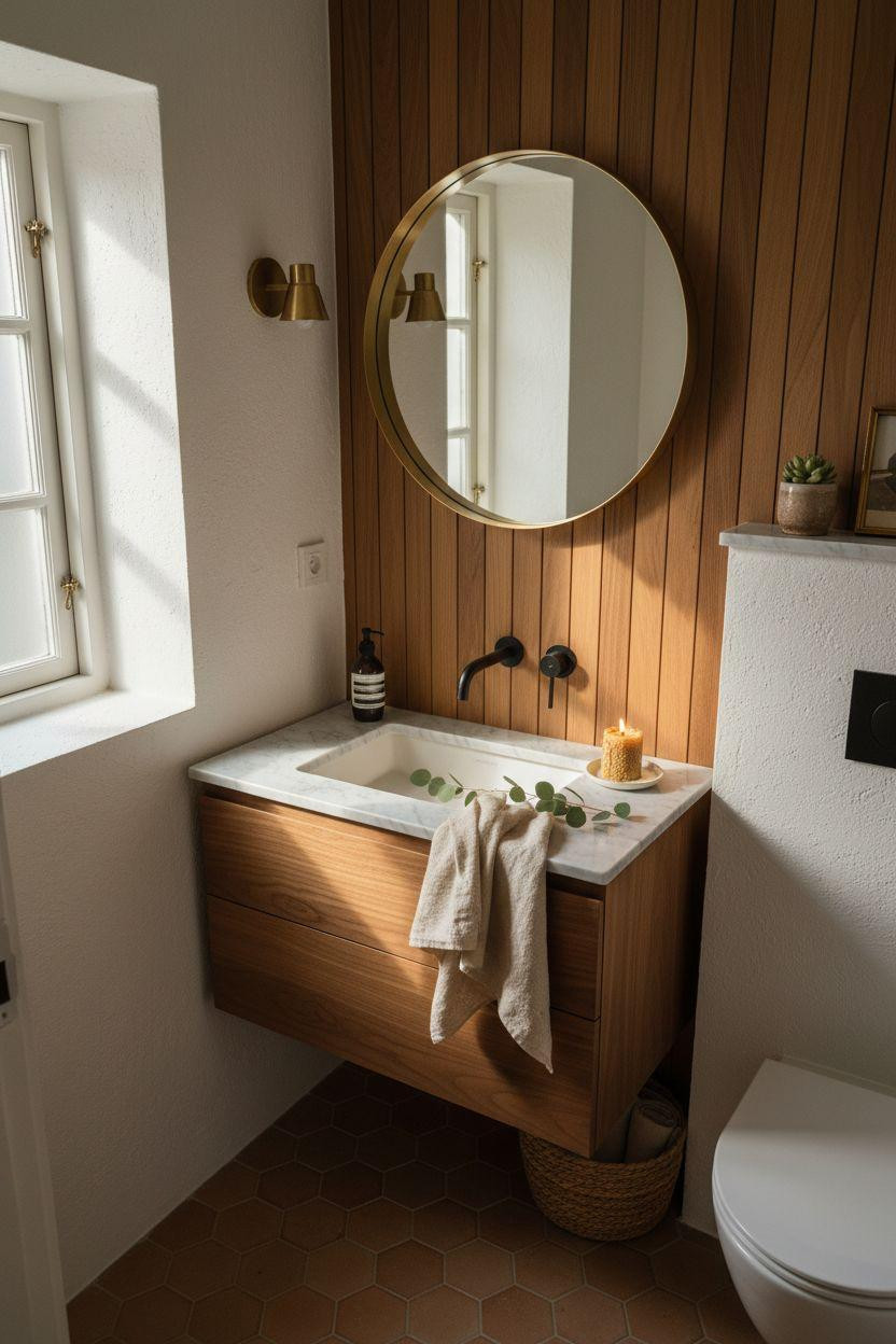Small Toilet Room - walnut vanity with marble sink overhead view