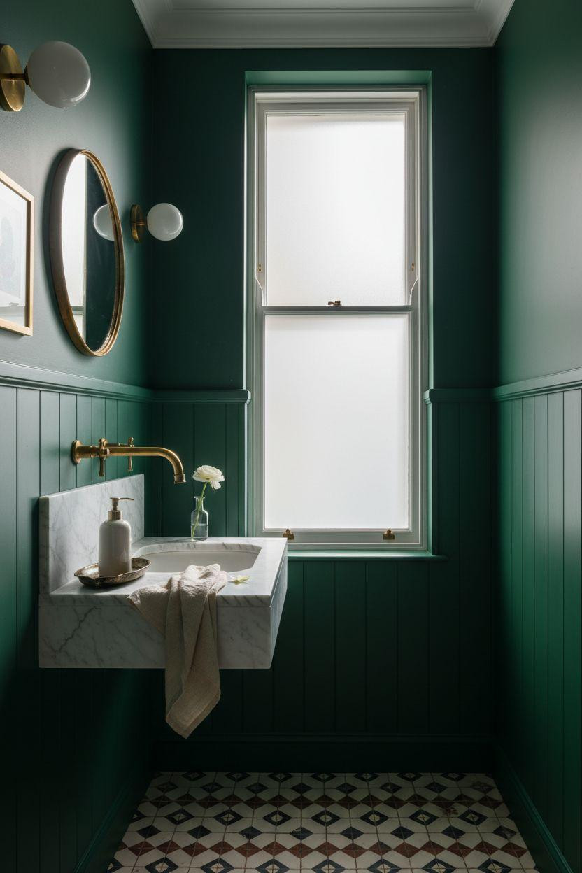 Small Toilet Room - emerald green walls with brass fixtures