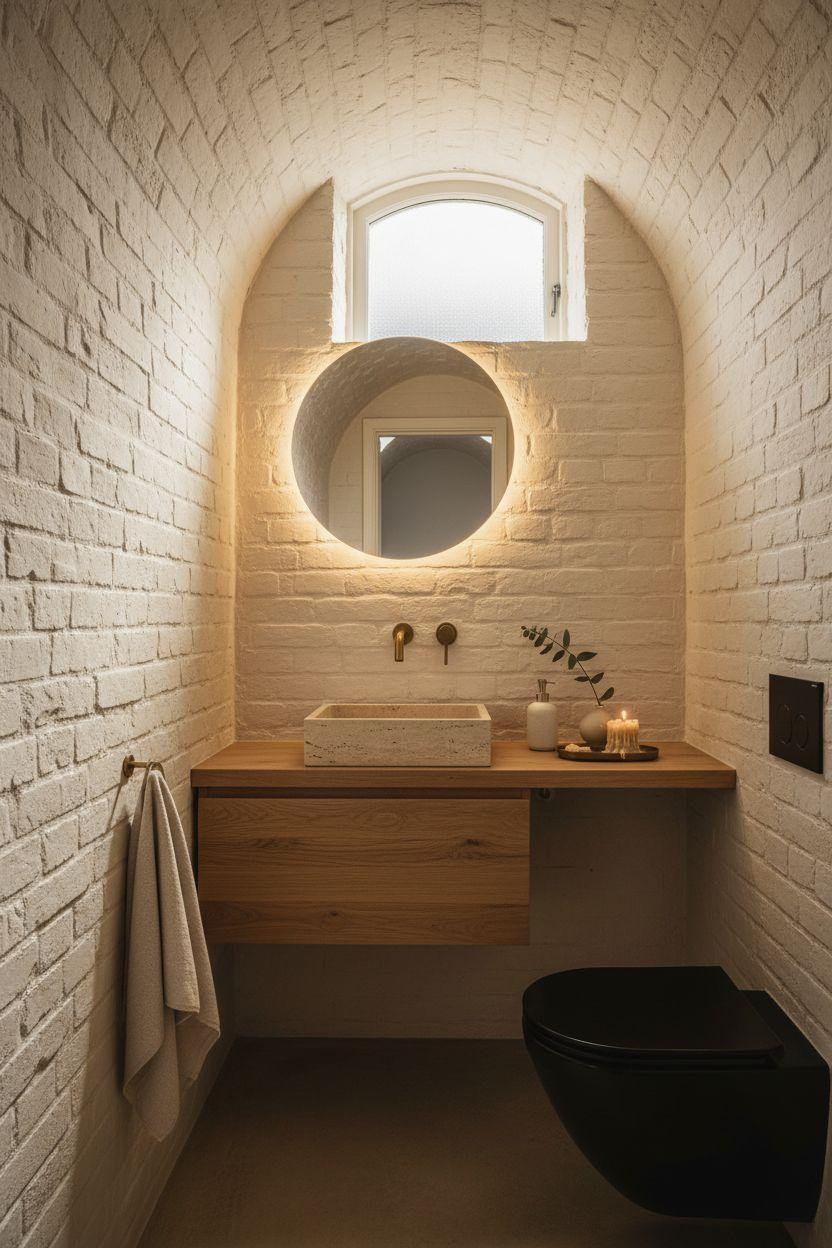 Small Toilet Room - whitewashed brick with reclaimed oak and travertine