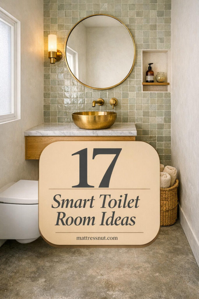 Compact powder room with white oak floating vanity, brass fixtures, sage zellige tile accent wall, and wall-hung toilet