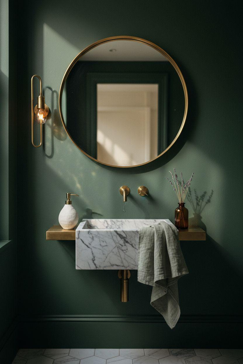 Small Toilet Room - forest green walls with Calacatta Gold marble