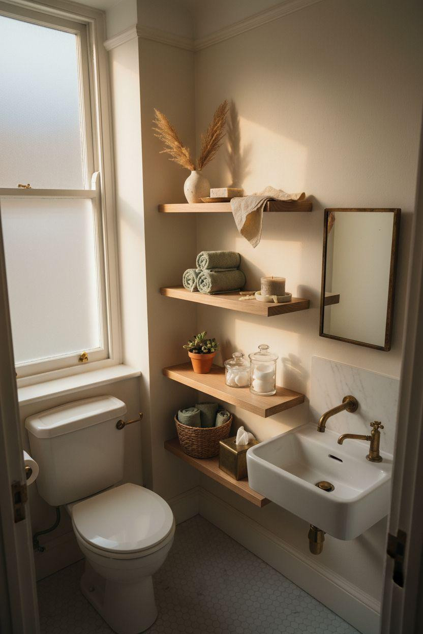 Small Toilet Room - narrow layout with floating white oak shelves