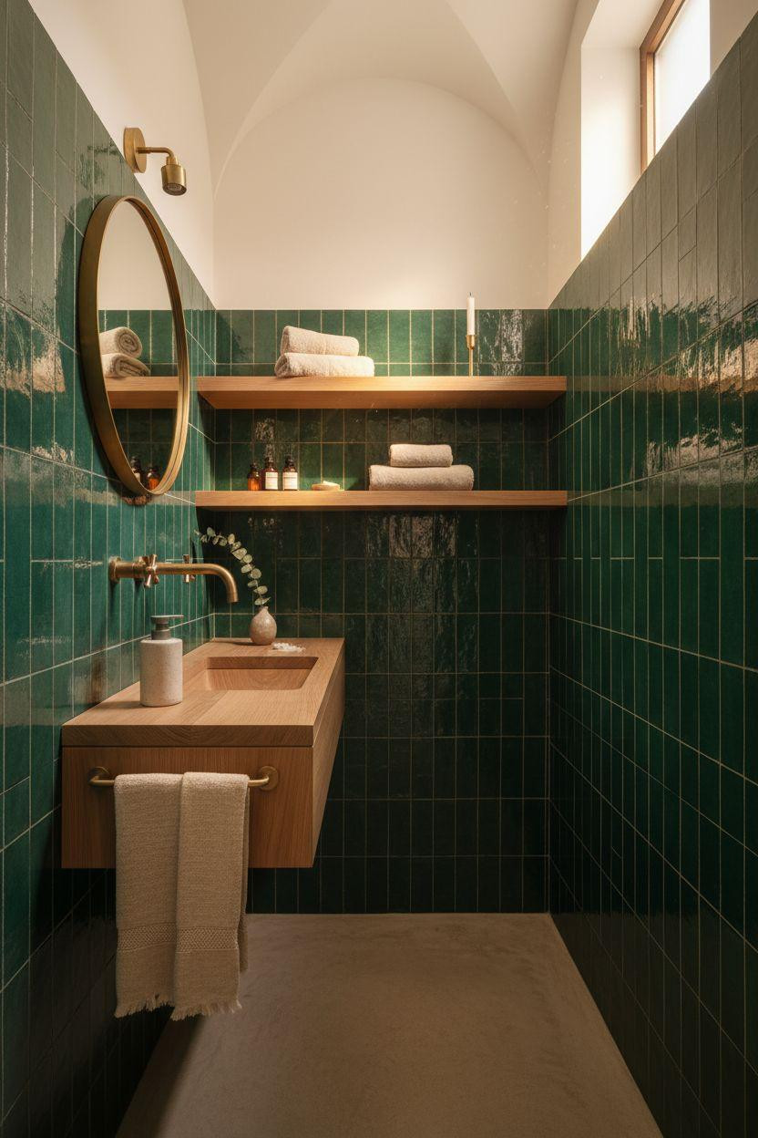 Small Toilet Room - emerald zellige tile with floating oak vanity