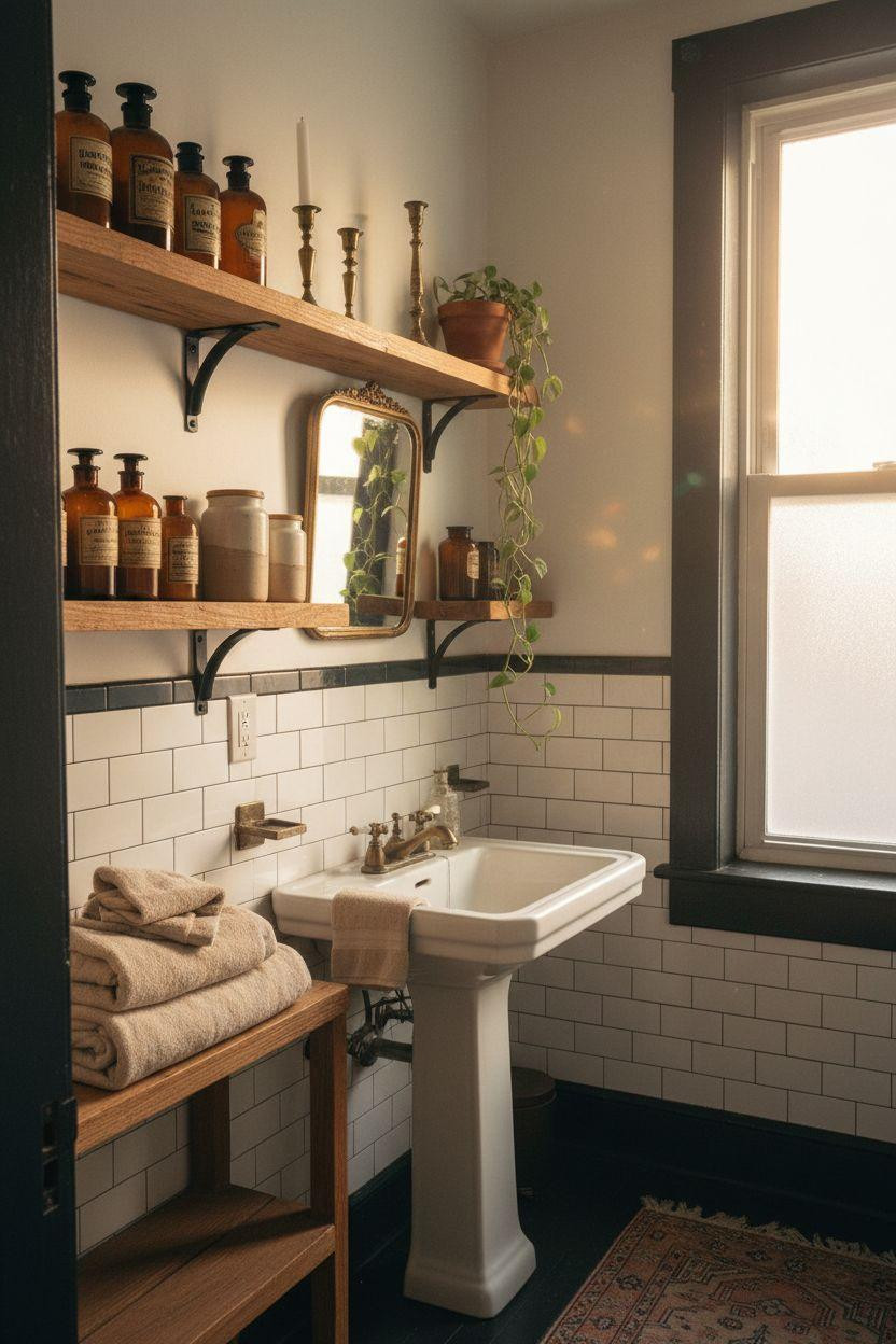 Bathroom Vanity Ideas - small vintage bathroom with reclaimed oak shelves
