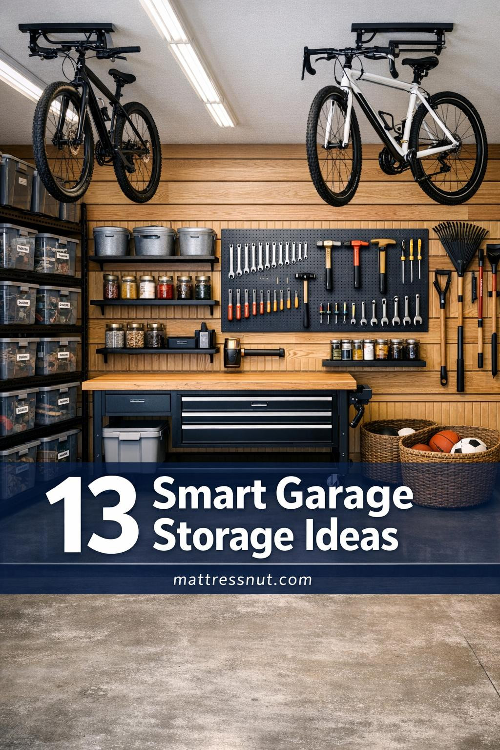 Impeccably organized garage workspace with custom white oak slatwall, matte black steel shelving holding labeled bins, pegboard displaying premium tools on brass hooks, rolling butcher block workbench, ceiling-mounted bike rack, sealed gray concrete floor, and neatly stored garden tools, sports gear, and automotive supplies under bright LED lighting.