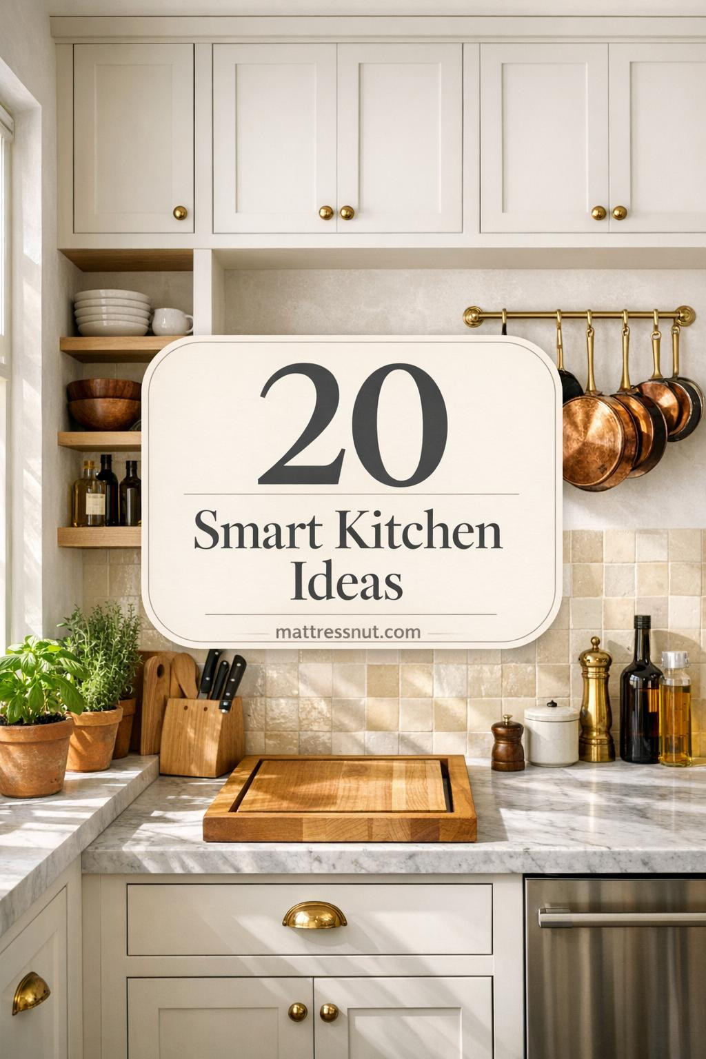 White oak shaker cabinets with brass hardware, Carrara marble counters, zellige tile backsplash, open shelving with ceramics