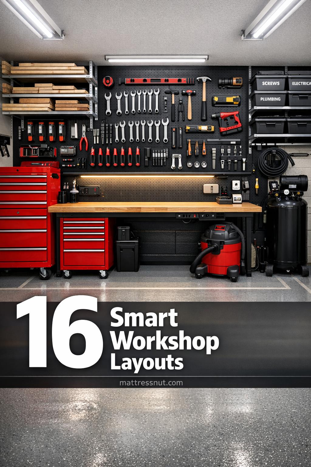 Impeccably organized garage workshop featuring custom pegboard walls, butcher block workbench, rolling tool chest, lumber rack, epoxy floor, overhead LED lighting, labeled bins, air compressor, and shop vacuum, with bold overlay text '16 Smart Workshop Layouts' highlighting functional space planning.