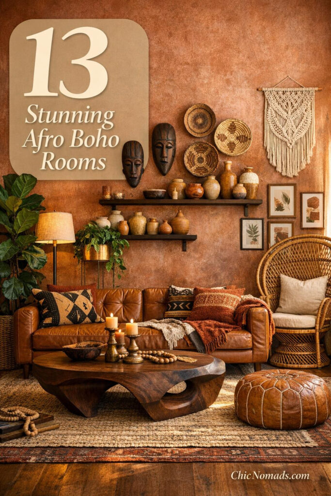 Warm terracotta walls backdrop a low-profile cognac leather sofa with mud cloth throws, anchored by jute rug and walnut coffee table. African art like carved masks, woven baskets, and ochre ceramics on shelves, plus macrame hanging, rattan peacock chair, abundant greenery, brass lamp, and gallery wall in earthy tones create an elegant bohemian space.