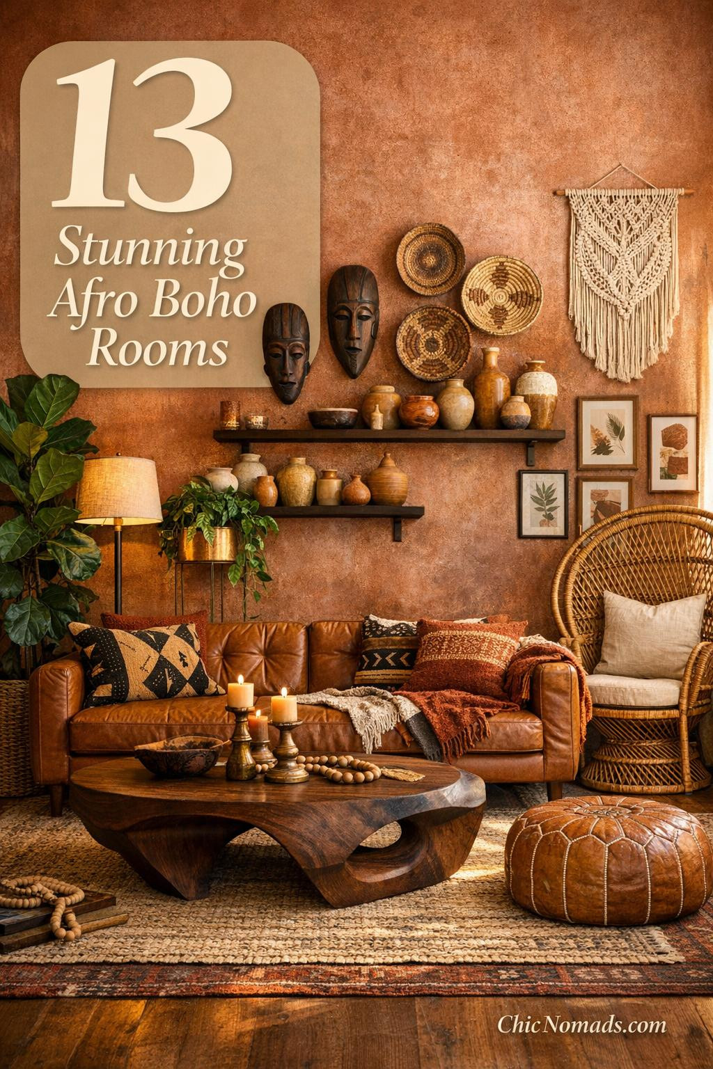 Warm terracotta walls backdrop a low-profile cognac leather sofa with mud cloth throws, anchored by jute rug and walnut coffee table. African art like carved masks, woven baskets, and ochre ceramics on shelves, plus macrame hanging, rattan peacock chair, abundant greenery, brass lamp, and gallery wall in earthy tones create an elegant bohemian space.