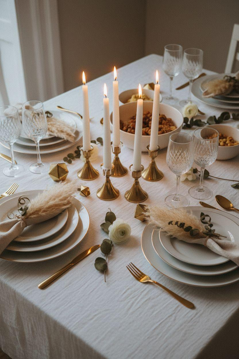 New Year table decoration with tall candles and pampas