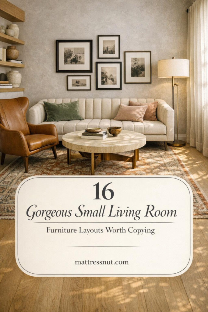 Elegant small living room featuring cream channel-tufted linen sofa against gallery wall, vintage Persian rug in rust and ivory, round travertine coffee table with brass legs, caramel leather wingback chair, oak shelving with books and ceramics, soft morning light through sheer curtains on pale oak floor and gray plaster walls, sage and blush pillows, text overlay '16 Gorgeous Small Living Room Furniture Layouts Worth Copying' by mattressnut.com