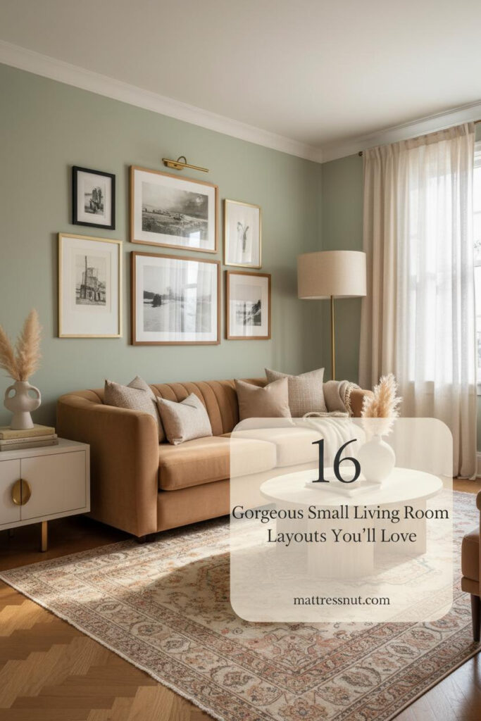 Elegant compact living space with oatmeal boucle sofa against sage green wall, vintage Persian rug, white oak console, travertine coffee table, and gallery wall of abstract art. Soft lighting and layered textiles create luxurious ambiance in smartly arranged room.