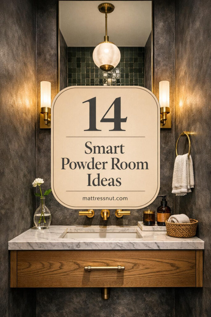 Elegant compact powder room featuring charcoal plaster walls, white oak vanity with Carrara marble, forest green zellige tile accent, brass fixtures, floor-to-ceiling mirror, and ambient sconce lighting for luxurious small-space impact.