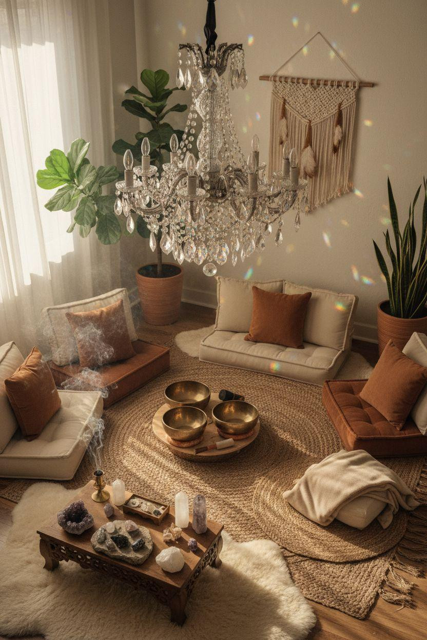 Healing room ideas featuring sound healing setup with crystal chandelier