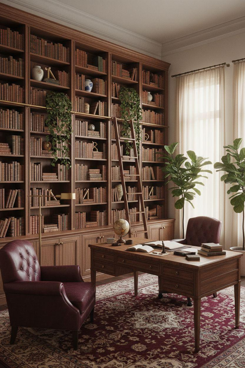 Home Office Library Ideas - large library with crown molding and vintage desk