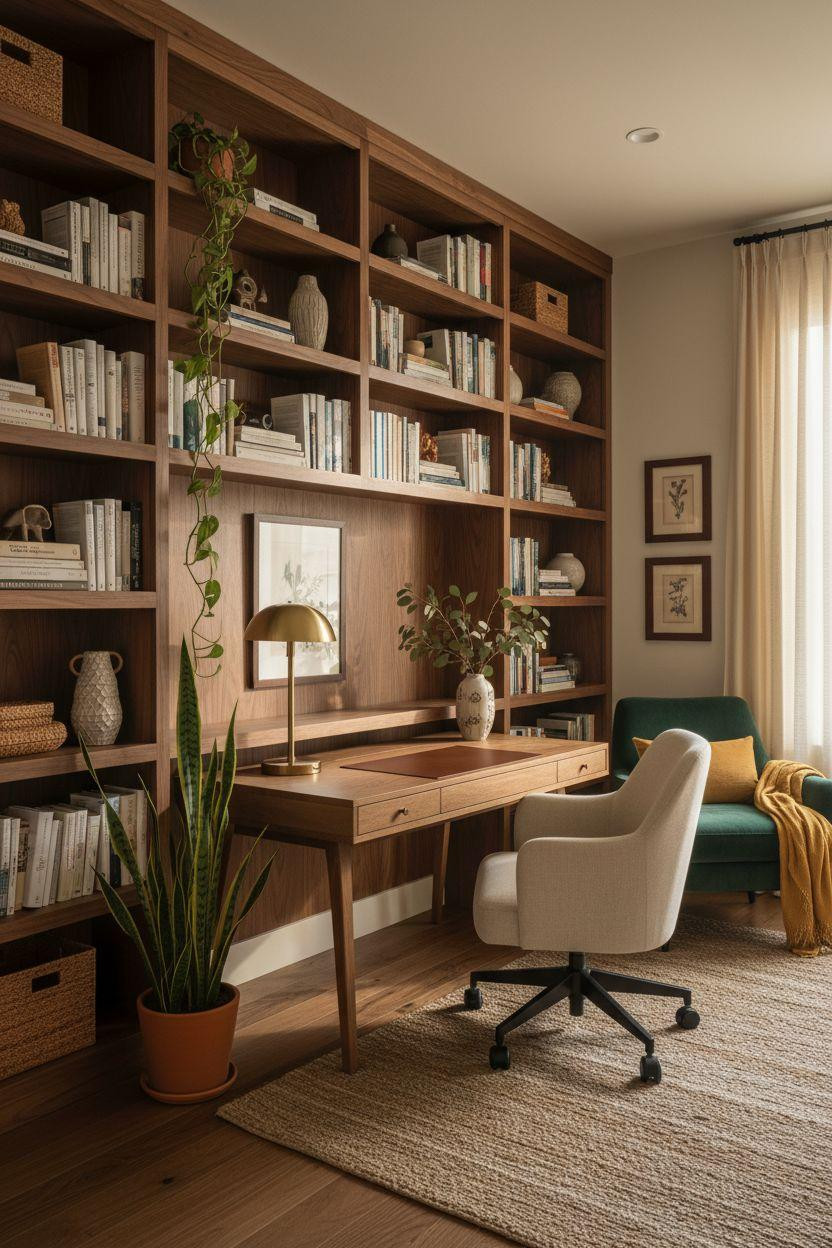 Home Office Library Ideas - walnut shelves with emerald velvet chair and plants