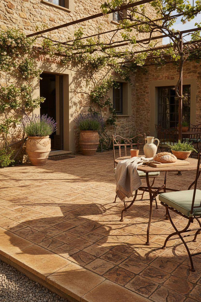 Stamped Concrete Patio Ideas - cobblestone pattern in warm terracotta