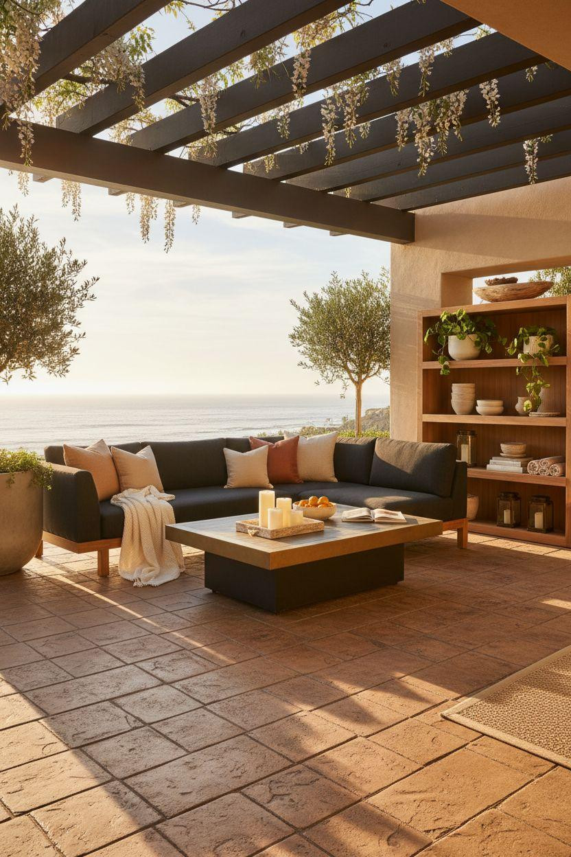 Stamped Concrete Patio Ideas - large ashlar pattern in desert sand