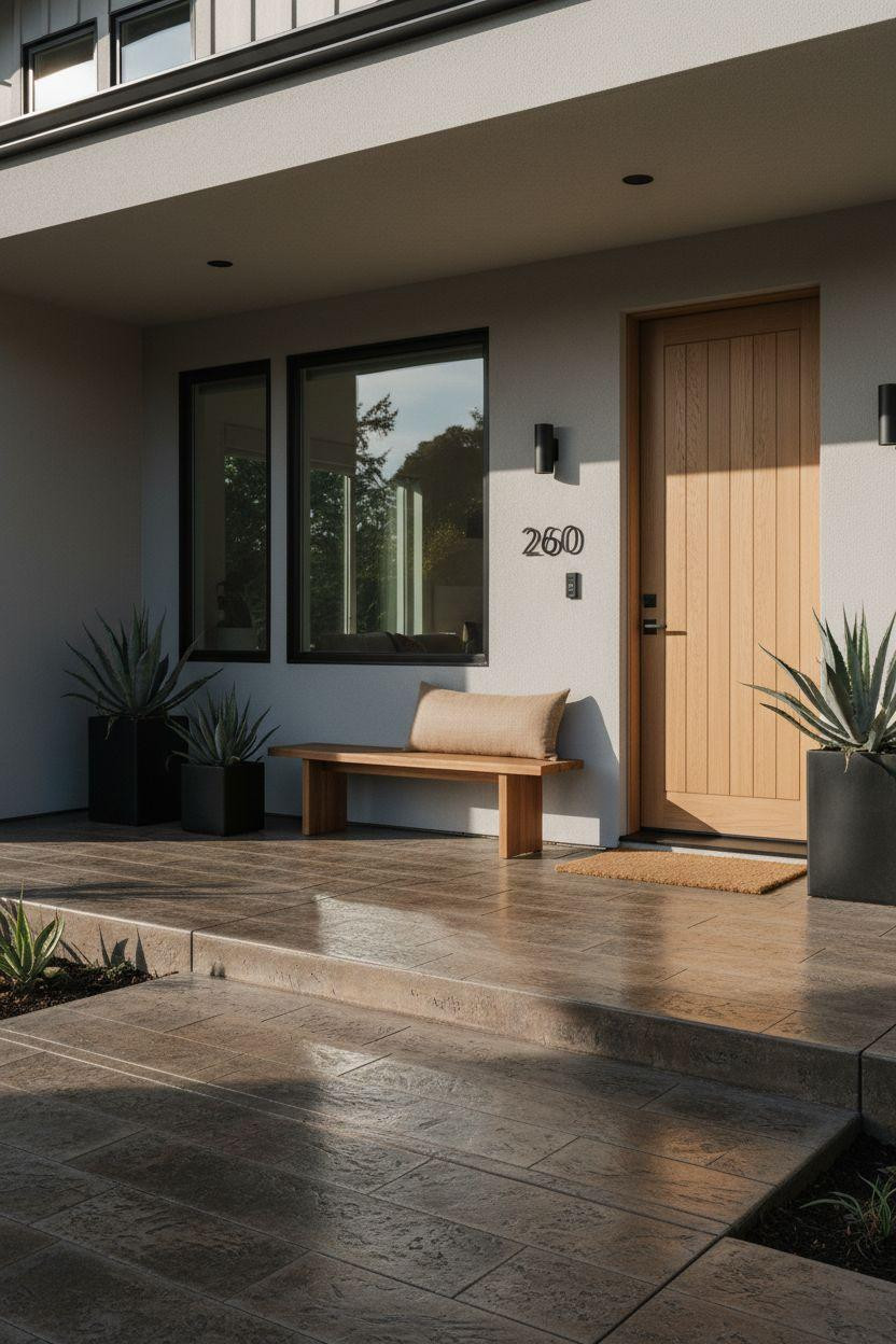 Stamped Concrete Patio Ideas - charcoal gray with wood plank pattern