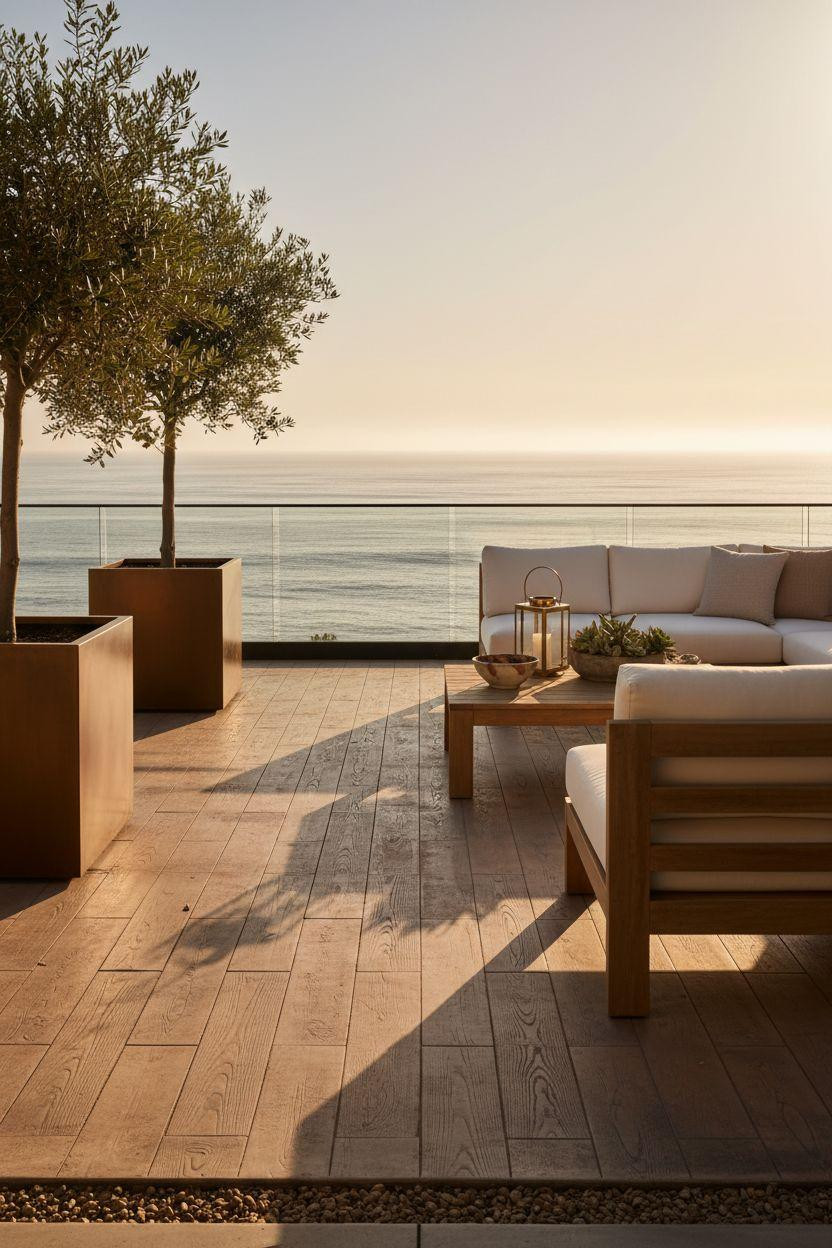 Stamped Concrete Patio Ideas - honey oak woodgrain with ocean views