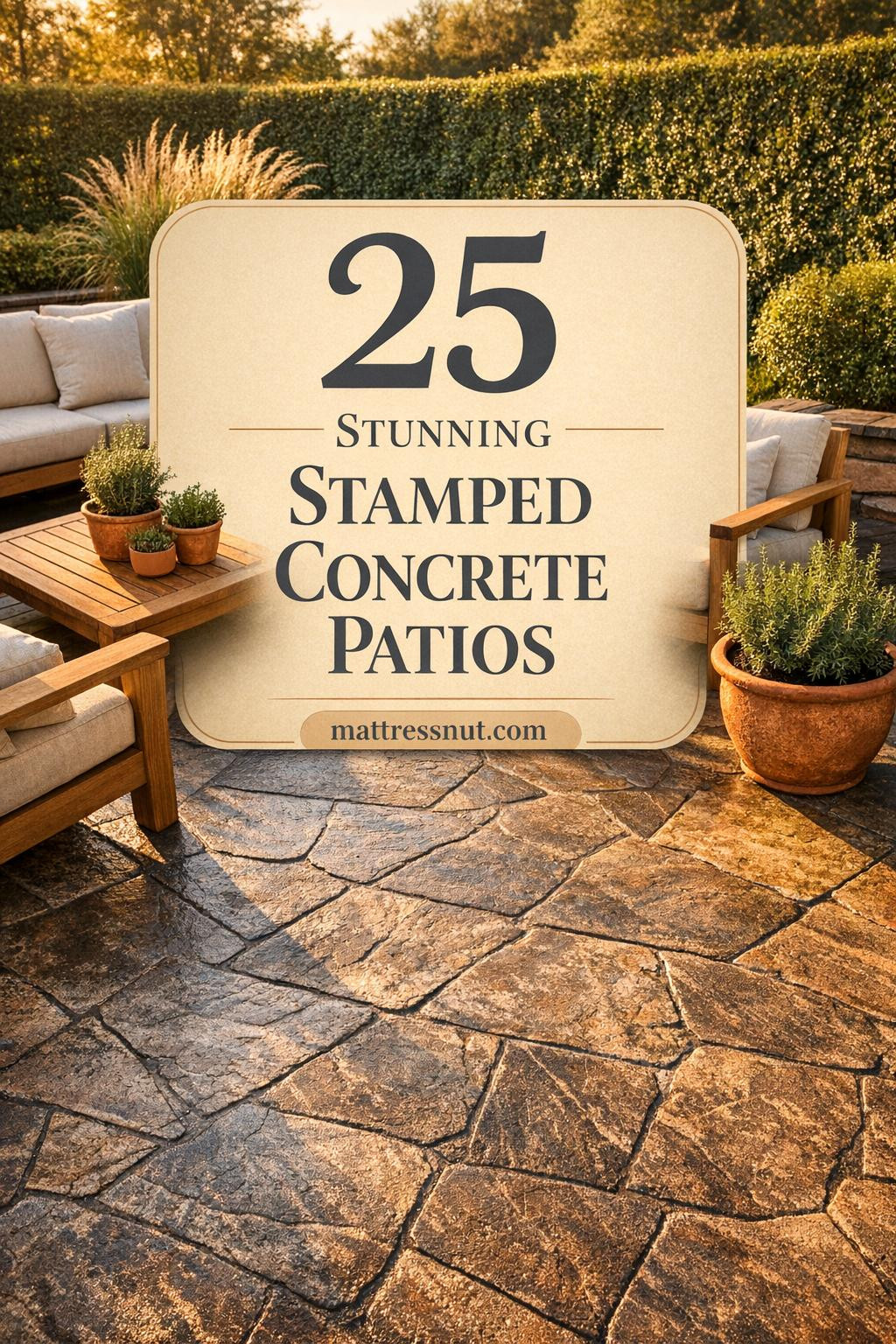 Outdoor patio with textured stamped concrete in charcoal and taupe, teak furniture, cream cushions, terracotta planters