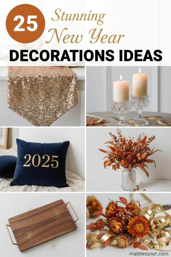 Pinterest board cover collage with burnt orange 2025 badge, elegant text overlay for stunning new year decorations ideas. Features champagne gold sequined runner, ivory pillar candles in crystal holders, midnight navy velvet pillow embroidered 2025, burnt orange dried florals in frosted vase, natural wood board with brass handles on clean white background.