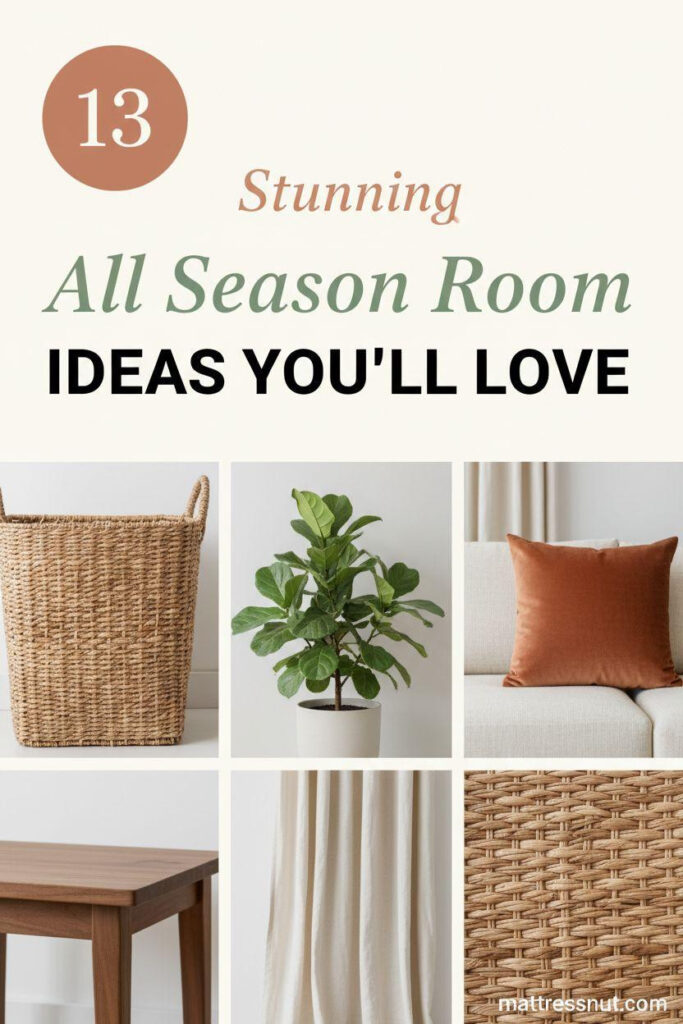 Circular terracotta badge with white '13' centered top-left, overlay text 'Stunning' in cream cursive, 'All Season Room' in sage green italic, 'IDEAS YOU'LL LOVE' in bold black caps. Collage features rattan basket, terracotta pillow, sage green fiddle leaf fig, cream linen curtain, walnut side table on ivory background for modern organic aesthetic.