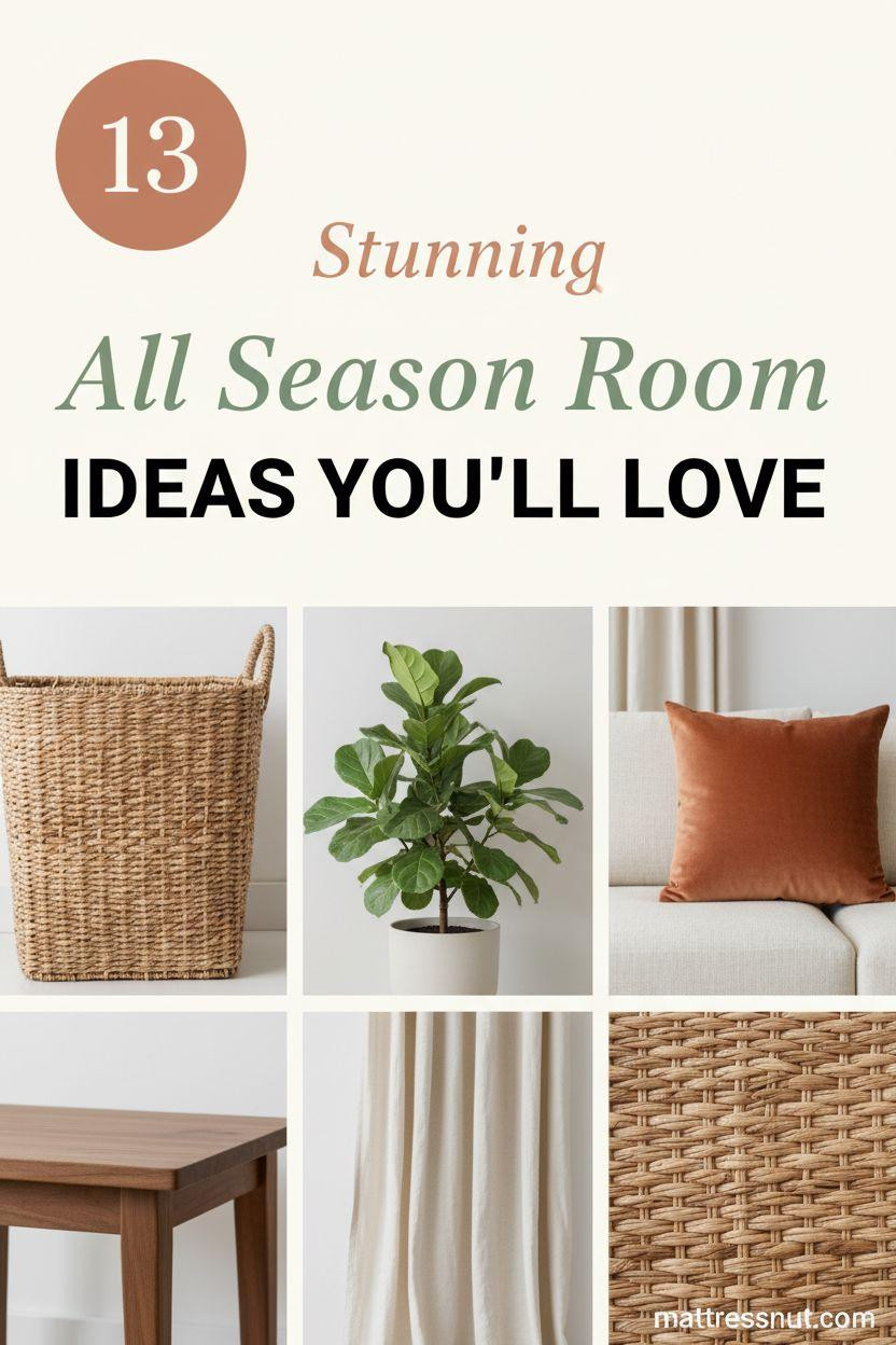 Circular terracotta badge with white '13' centered top-left, overlay text 'Stunning' in cream cursive, 'All Season Room' in sage green italic, 'IDEAS YOU'LL LOVE' in bold black caps. Collage features rattan basket, terracotta pillow, sage green fiddle leaf fig, cream linen curtain, walnut side table on ivory background for modern organic aesthetic.