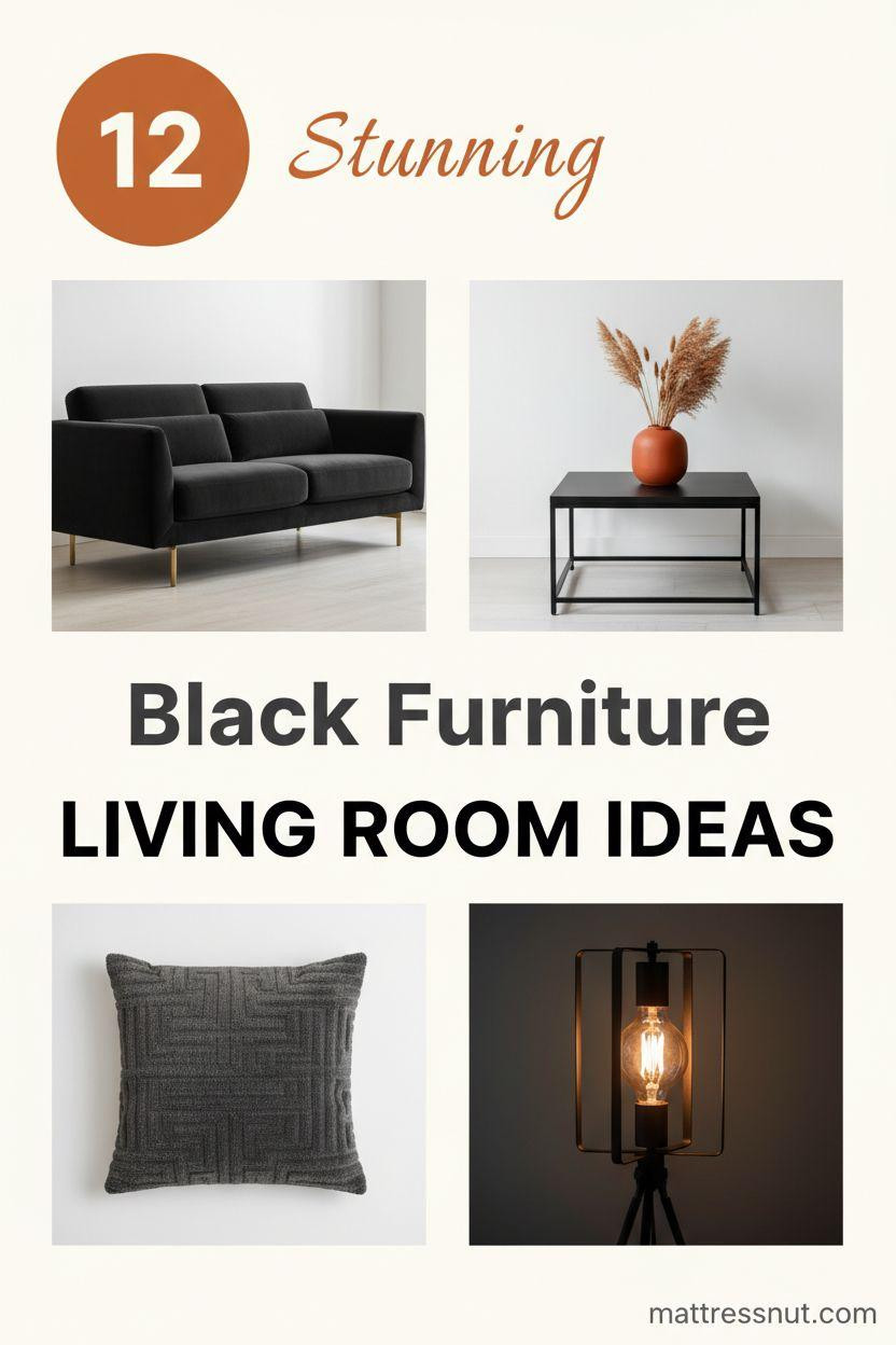 Pinterest collage featuring circular burnt orange badge with '12' in top-left, elegant text overlays 'Stunning Black Furniture' and bold 'LIVING ROOM IDEAS'. Includes modern black velvet sofa with brass legs, matte black coffee table and orange vase, gray throw pillow, black metal lamp with Edison bulb on ivory background for cohesive modern aesthetic.