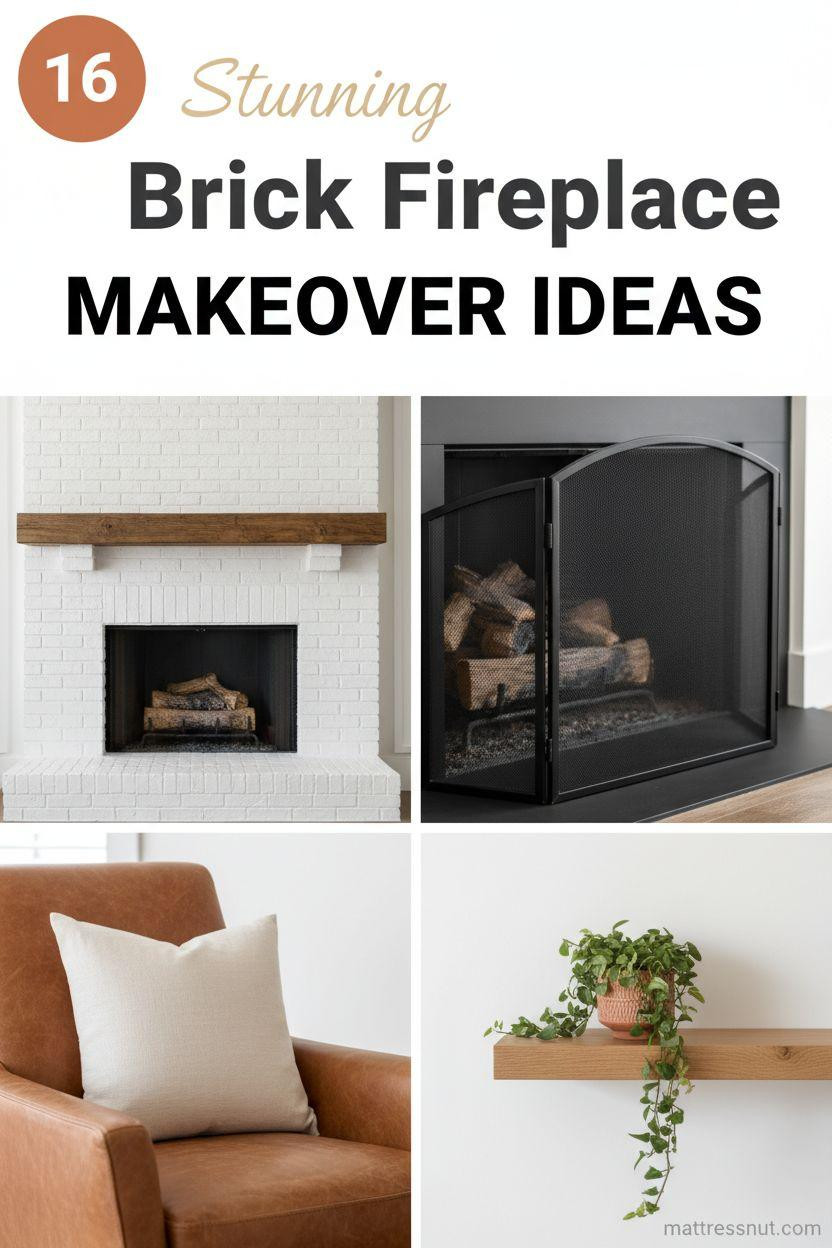Collage featuring a white painted brick fireplace with natural wood mantel, matte black screen, cognac leather armchair, cream pillow, and oak shelf with greenery. Burnt orange badge with '16' top-left, overlaid text 'Stunning Brick Fireplace MAKEOVER IDEAS' in modern farmhouse style on cloud white background.
