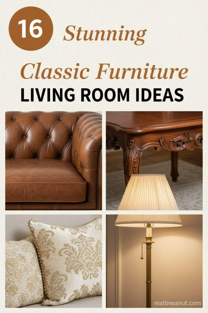 Pinterest board cover collage showcasing classic living room furniture: tufted cognac brown leather Chesterfield sofa detail, ornate carved mahogany coffee table corner, cream damask velvet throw pillow with gold trim, and brass floor lamp with pleated ivory shade. Features circular badge with '16' and tiered text overlay on clean ivory linen background.