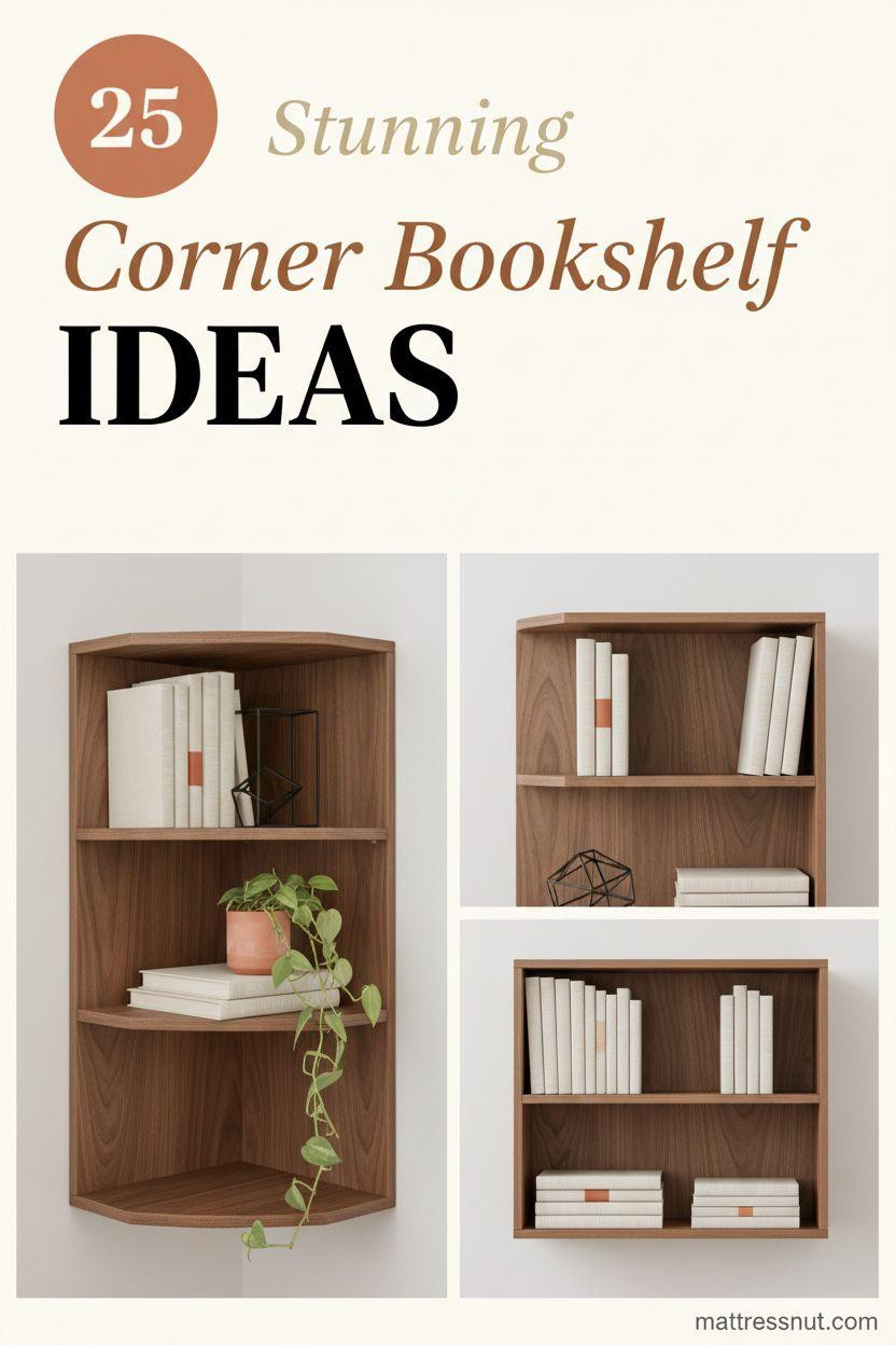 Circular terracotta badge with '25' in top-left, overlaid with 'Stunning' in cream cursive, 'Corner Bookshelf' in walnut serif italic, and 'IDEAS' in bold black caps. Asymmetric collage of walnut floating shelf, cream linen books with terracotta spines, matte black geometric bookend, and terracotta planter with trailing pothos on ivory white background.