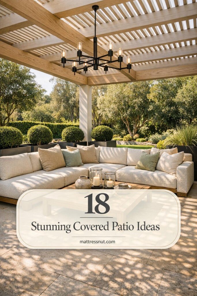 Elegant outdoor covered patio featuring white oak pergola, cream boucle sectional sofa, teak coffee table with lanterns, steel planters with boxwoods, lush garden views, dappled light patterns, and suspended chandelier for sophisticated living space.