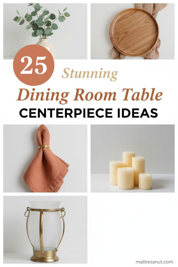 Elegant Pinterest board cover with terracotta circular badge showing '25' in top-left, overlaid text in cursive 'Stunning', italic 'Dining Room Table', and bold 'CENTERPIECE IDEAS'. Features collage of ivory vase with eucalyptus, oak charger plate, terracotta linen napkin with brass ring, cream pillar candles, and frosted glass lantern in 3x2 grid on cloud white background.