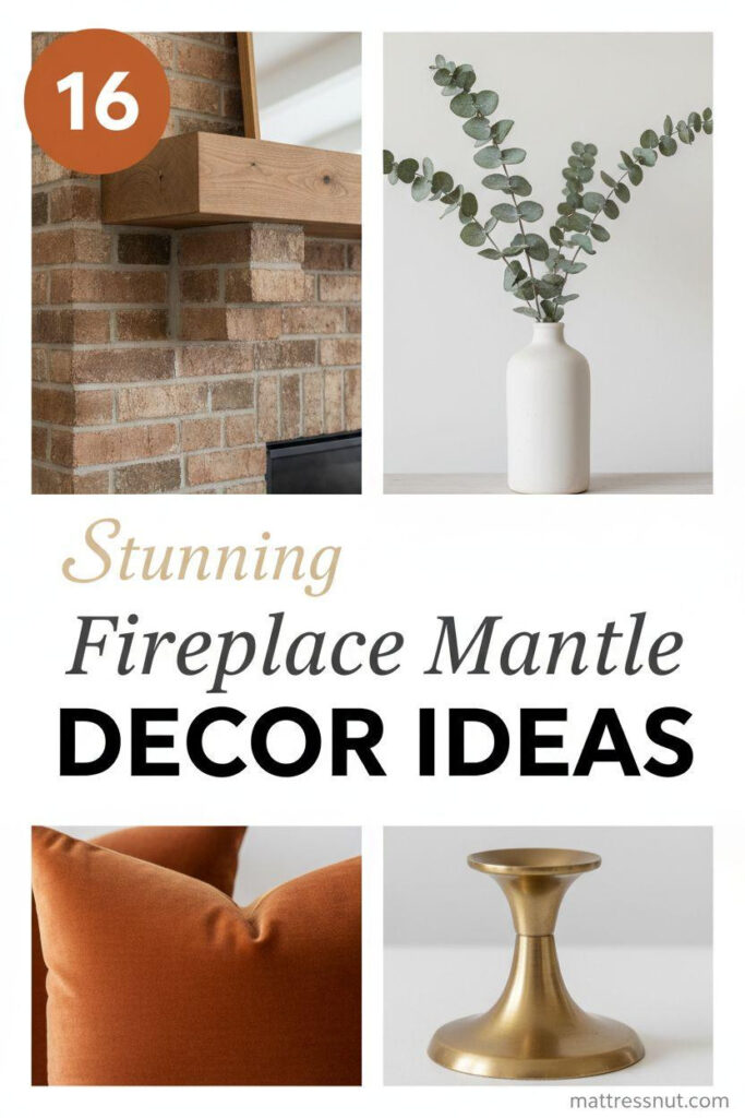 Collage Pinterest board cover featuring rustic brick fireplace mantel with walnut wood beam, white vase of dried eucalyptus, burnt orange velvet pillow, and brass candlestick on cloud white background. Includes circular burnt orange badge with '16' and tiered text overlays: 'Stunning', 'Fireplace Mantle', 'DECOR IDEAS'.