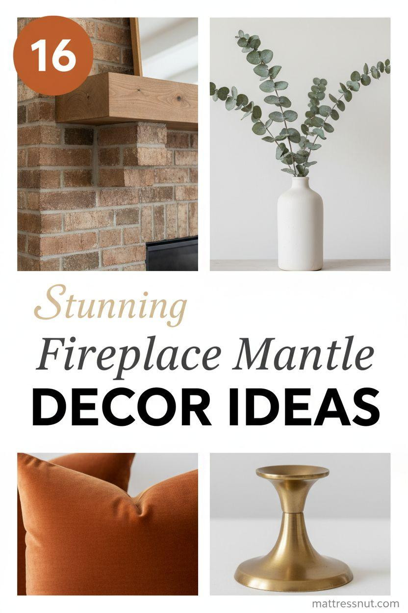 Collage Pinterest board cover featuring rustic brick fireplace mantel with walnut wood beam, white vase of dried eucalyptus, burnt orange velvet pillow, and brass candlestick on cloud white background. Includes circular burnt orange badge with '16' and tiered text overlays: 'Stunning', 'Fireplace Mantle', 'DECOR IDEAS'.