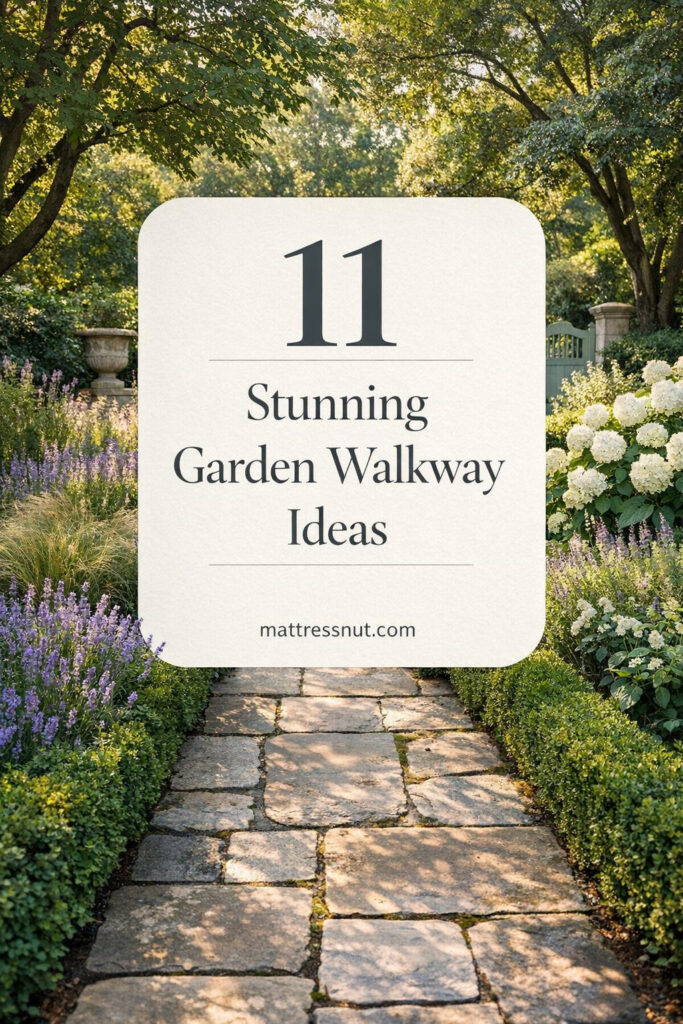 Elegant garden path of aged Yorkstone pavers winds through lush borders of boxwood hedges, lavender, ornamental grasses, and white hydrangeas, with mature trees casting dappled morning light and soft shadows on the stones, surrounded by textured garden beds, stone urns, and a wooden gate.