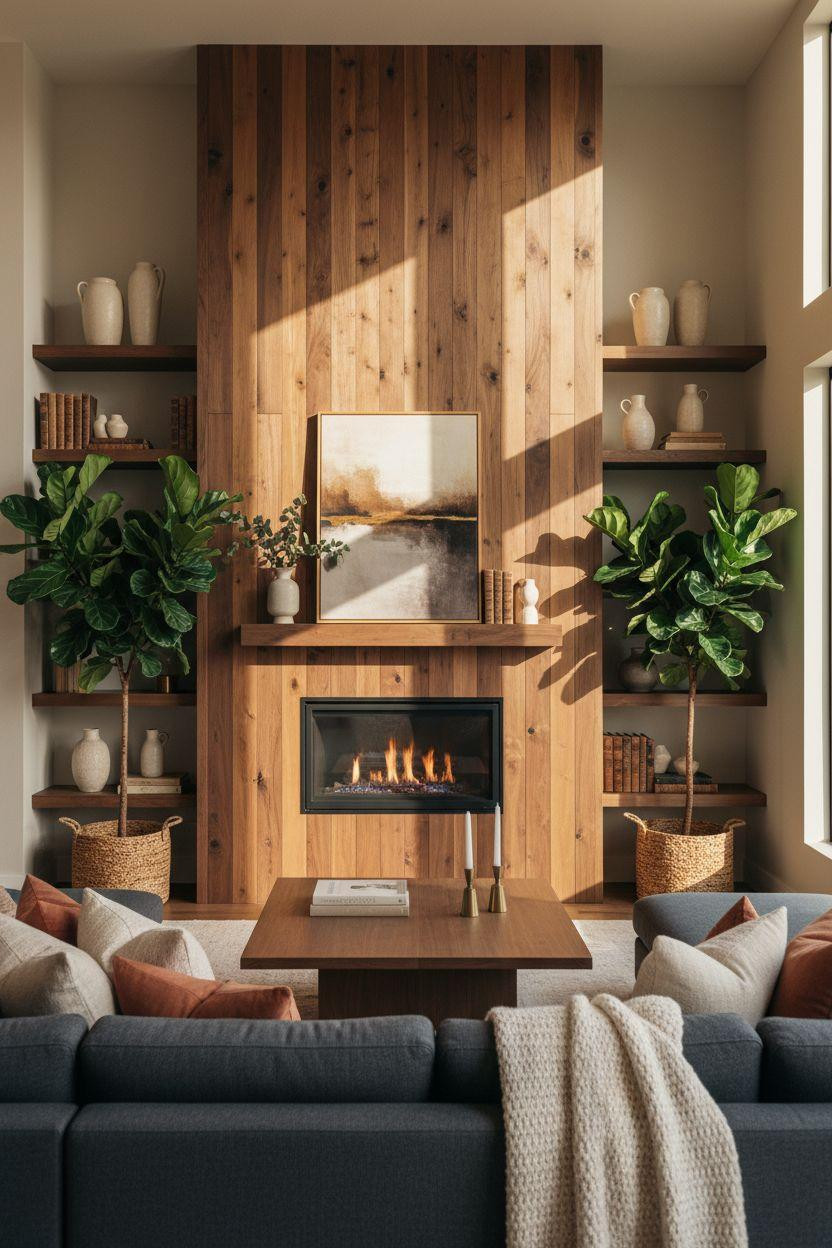 Fireplace Ideas - wood plank wall with shelves