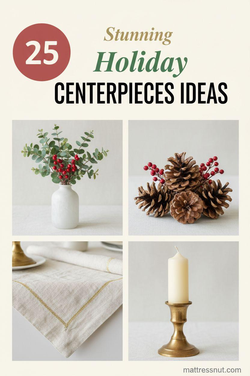 Pinterest board cover collage showcasing festive elements: frosted white vase with eucalyptus and red berries, pine cone cluster with cranberry accents, ivory linen runner with gold threads, brass candlestick holding cream pillar candle. Ivory background, cranberry red badge with '25', tiered text 'Stunning Holiday CENTERPIECES IDEAS' in elegant fonts.