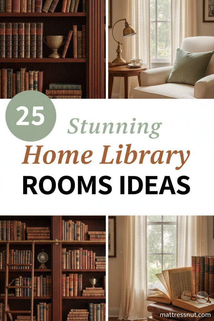 Pinterest board cover collage featuring a circular sage green badge with '25' in white, overlaid text 'Stunning' in cream cursive, 'Home Library' in cognac serif, and 'ROOMS IDEAS' in bold black caps. Includes mahogany bookshelf with brass ladder, cream linen chair with sage pillow, brass lamp on walnut table, leather books, and window with ivory curtains on a clean white background.