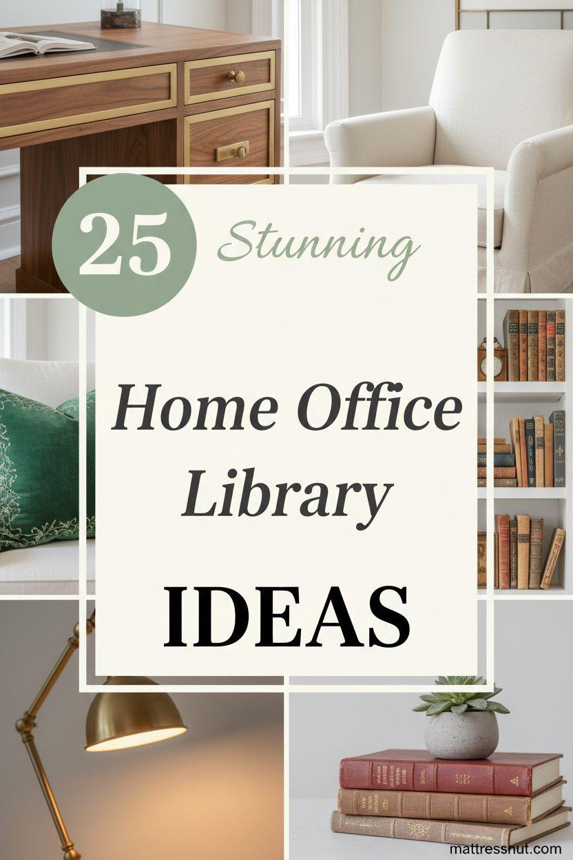 Pinterest board cover collage showcasing a cozy home office library with walnut wood desk, ivory linen chair, emerald green pillow, white bookshelves filled with leather books, and brass lamp. Features sage green badge with '25', overlaid text 'Stunning Home Office Library IDEAS' on cream background.